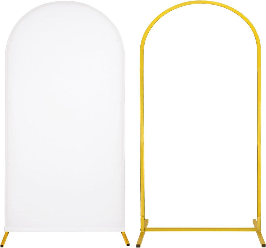 Metal Arch Stand and Cover Set,1 White Spandex Fitted Backdrop with 1 Gold Wedding Arched Stand Frame for Parties Birthday Baby Shower Bridal Banquet Decoration (6.6FT)