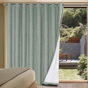 H.VERSAILTEX Linen Blackout Curtains Durable Thick Textured Linen Look 100% Blackout Patio Door Curtain Anti Rust Grommet Extra Wide Sliding Door Curtain Panel, W100 x L84 inch, Green Bay