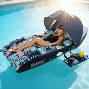Pool Floats Lounger with UPF50+ Canopy Adjustable, Inflatable Large Floating Chair Ergonomic Design, with Cup Holders, Perfect for Swimming Pool, Beach, Lake, Party