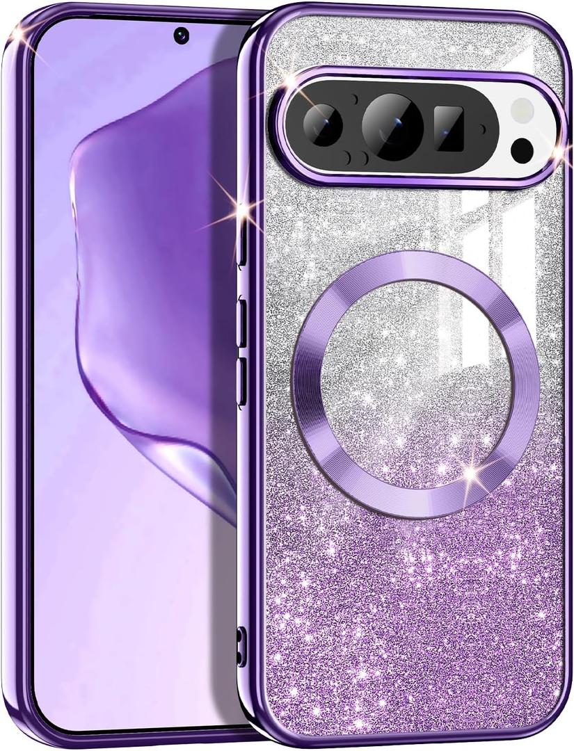 Casetego for Google Pixel 9 Case,Google Pixel 9 Pro Case,Compatible with MagSafe,Glitter Sparkle Magnetic Plated Slim Shockproof Soft TPU Bumper Full Protection Case for Google Pixel 9/9 Pro,Purple