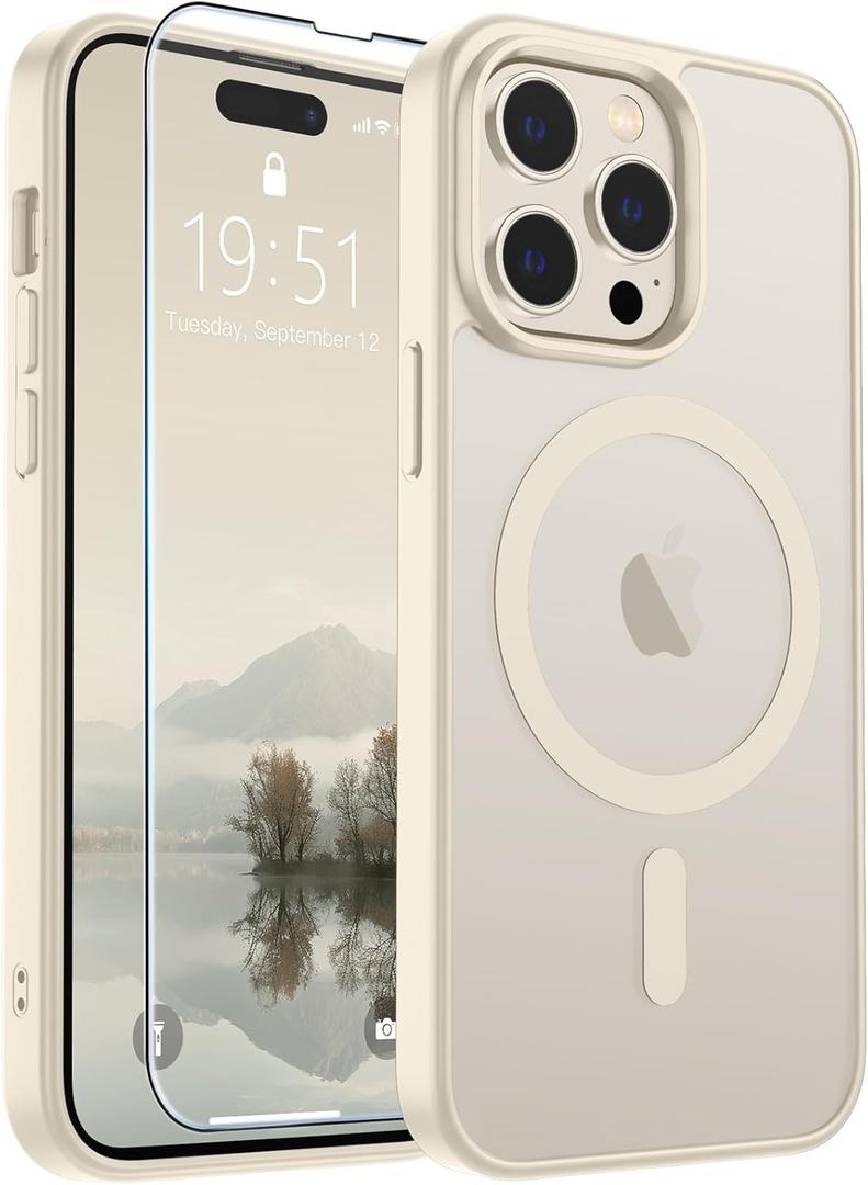 SUPFINE Magnetic for iPhone 14 Pro Max Case (Compatible with MagSafe) (Military Grade Drop Protection) Slim Translucent Matte Shockproof with Anti-Fingerprint Phone Case,Antique White