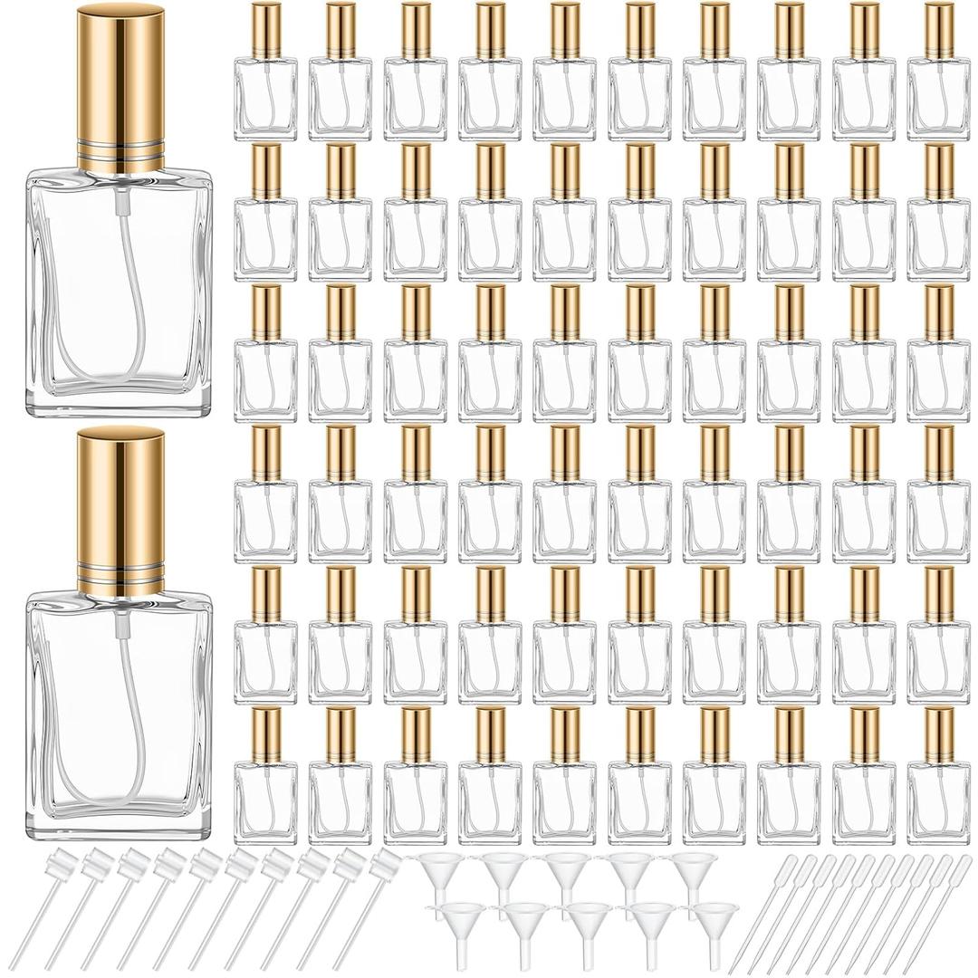 Domensi 30 Pcs 10/15/30/50 ml Glass Perfume Bottles Mini Glass Empty Spray Atomizer Bottles Bulk Refillable Perfume Dispenser Container with Pump Tool for Travel Skin Care (15 ml,Gold)