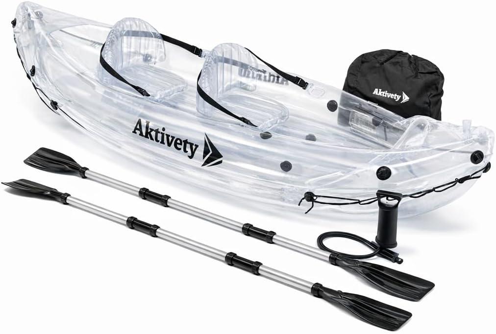 Clear Kayak - Transparent 2-Seater Inflatable Tandem for Two Adults - See-Through Style - Complete Set with Adjustable Seats, Pump, Paddles, Carry Bag & Tracking Fin