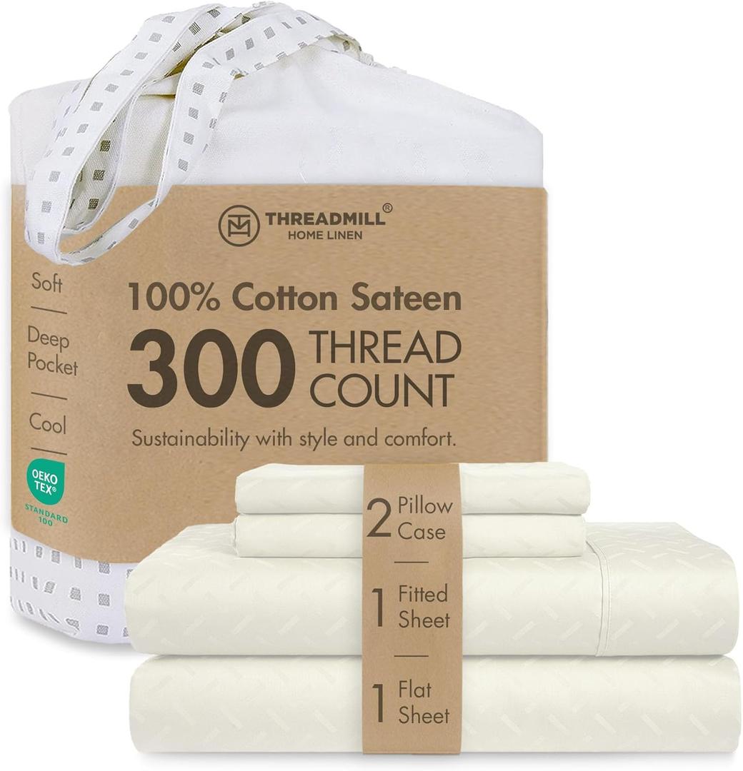 Threadmill Cotton Full Size Sheet Set | 100% Cotton Sheets for Full Size Bed | Damask Jacquard Full Bed Sheets Set with 16 Deep Pocket | Soft Sateen Weave 4-Piece Cooling Bedding Set | Ivory