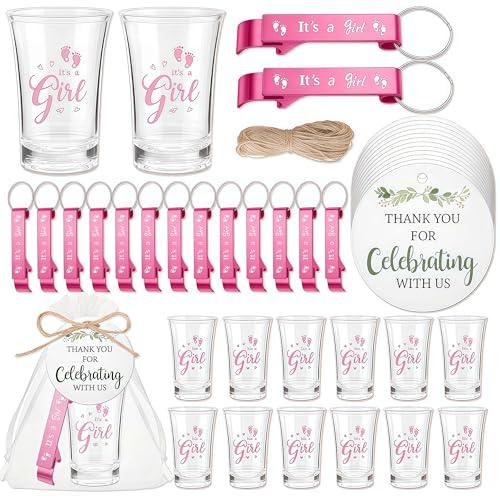 50 Set Baby Shower Favors for 50 Guests, It's a Girl Shot Glasses with Bottle Opener Keychains Floral Thank You Tags & Bags for Gender Reveal Party Baby Shower Game Prizes Guests Return Gift (Girl)