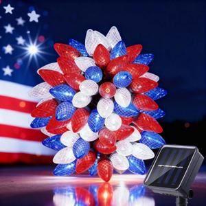 4th of July Decorations C7 Bulb Solar String Lights Outdoor Waterproof 50 LED Red White Blue Solar Lights for Independence Day President Memorial Day Christmas Party Patriotic Decorations
