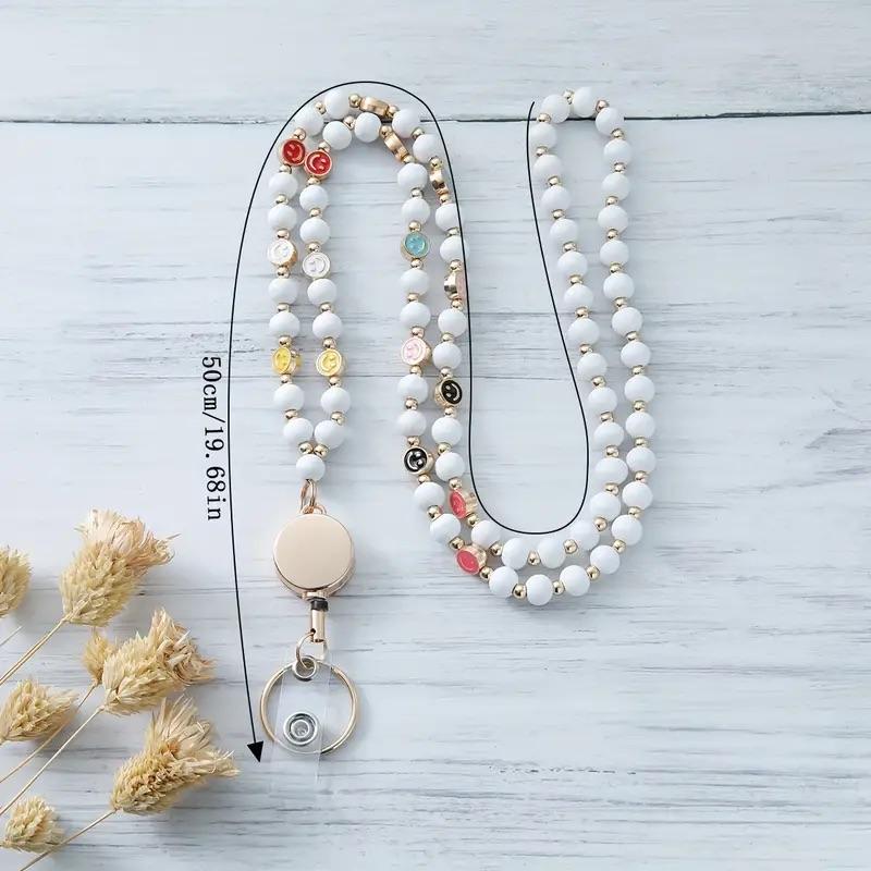 White Beaded Badge Lanyard with Retractable Reel, ID Card Holder Necklace with Gold Beads and Decorative Charms