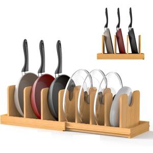 Expandable Pot Lid Organizer, Bamboo Pot and Pan Organizer for Under Cabinet, 16" to 28" Adjustable Length and 10 Dividers