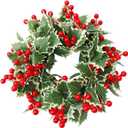 Christmas Holly Wreath, Adorned with red Berries and Variegated Leaves, a Traditional Holiday Door Decoration, Festive Ornamentation. (Green 3)