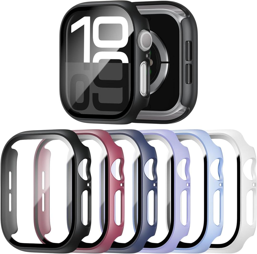 6 Pack Case with Tempered Glass Screen Protector for Apple Watch Series 11(2025) Series 10 42mm(2024), Hard PC Ultra-Thin Scratch Resistant Protective Face Cover for iWatch Series 10 11 42mm (Black+Blue+Wine+Light purple+Ice blue+White)