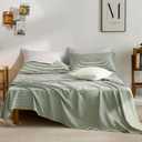 JELLYMONI 100% Cotton Bed Sheets Set Green and White Stripes, Queen Size, Soft Bedding with Deep Pocket Fitted Sheet, Flat Sheet & Pillowcases 