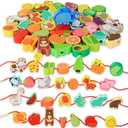 BMTOYS Montessori Educational Threading Toys Wooden Stringing Farm Animals Fruits Lacing Beads Preschool Toy for Toddler 3 4 5 Year Old Boys Girls (Rainbow)