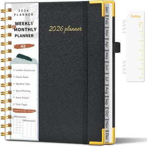 2026 Planner, Weekly and Monthly Calendar Planner from January 2026 - December 2026, 5.75" x 8.38" Hardcover Leather Hourly Appointment Book with Tabs, A5 Spiral Daily Planners for College School Work Home, Black