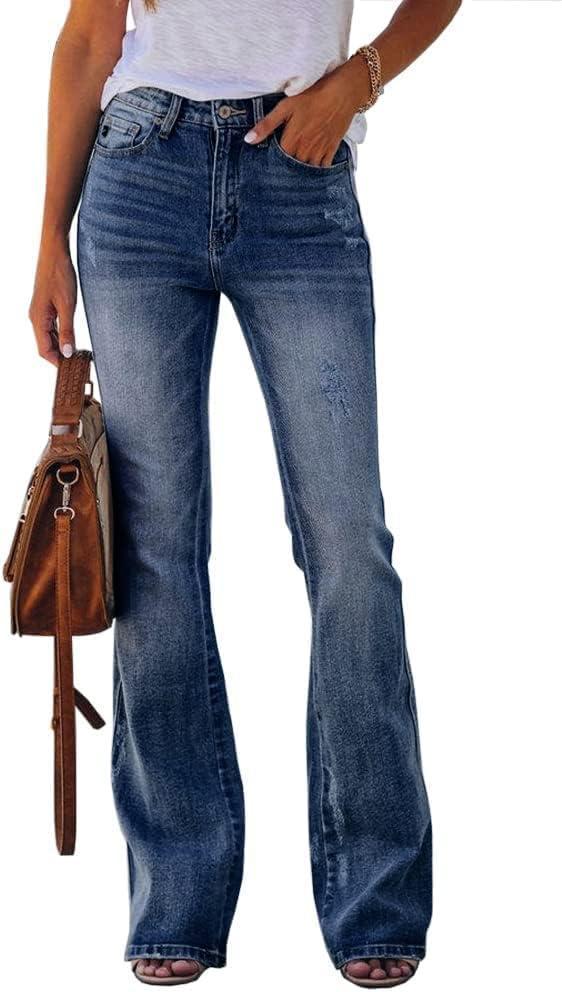 Koinshha Womens High Waisted Jeans Flare Stretch Boyfriend Bootcut Casual Denim Pants (8, Dark Blue)