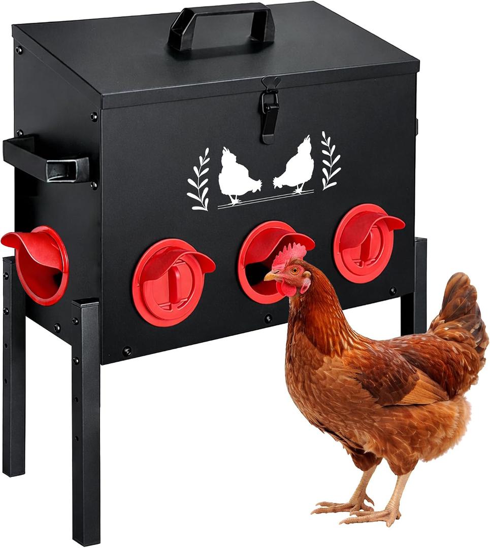 48 LB Large Automatic Chicken Feeder, No Waste Metal Poultry Feeder with 8 Ports, Weatherproof Outdoor Dispenser with Adjustable Legs & Locking Lid for Backyard Chickens, Black