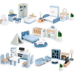Wooden Dollhouse Furniture Set, Sanlebi Doll House Accessories and Furniture, Miniature Furniture Including 5 Room Kits, Pretend Play Toy Gift for Boys Girls Toddler 3+