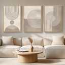 Framed Boho Neutral Abstract Wall Art for Living Room, Large 3 Piece Mid Century Modern Painting Prints, Minimalist Geometric Canvas Artworks for Dining Room Hallway Office Wall Decor, 24x36 In