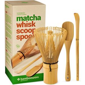 BambooWorx Matcha Whisk Set - (Chasen), Traditional Scoop (Chashaku), Tea Spoon. The Perfect Sets to Prepare a Traditional Cup of Japanese Tea, Handmade from 100% Natural Bamboo