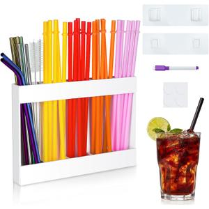 Acrylic Straw Holder for Cabinet Door, Cupboard Reusable Straw Organizer Container, Flexible Removable Drinking Straw Dispenser Storage Box for Kitchen Counter (white)