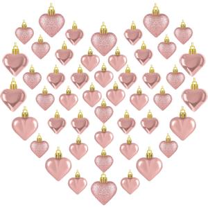 48PCS Valentines Day Heart Ornaments, Rosegold Shaped Ornaments, 2 Sizes Hanging Decorations, Glossy Baubles for Valentine's Day Wedding Anniversary Party Decor