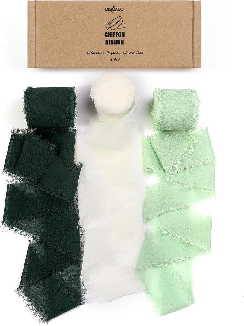 Forest Green Trio Ribbon Set - 1.5" x24Yds | Fringe Ribbon for Christmas Wreaths, Rustic Floral Design, Farmhouse Crafts & Nature Theme Decor (Forest/Sage Green + Natural White)