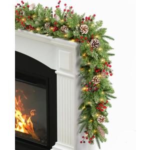 9 ft Prelit Christmas Garlands with 100 Lights Battery Operated Timer 8 Modes, Faux Garland Christmas Decorations for Mantle, Stairs, Fireplace, Decor with Natural Pine Cones, Berries