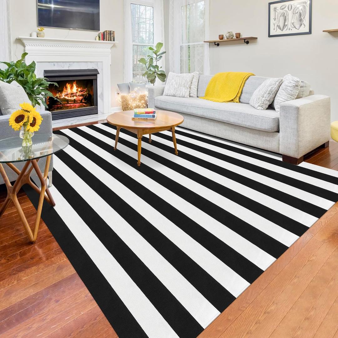 Black and White Striped Rug 6x9 Feet Cotton Woven Rug Reversible Retro Farmhouse Striped Outdoor Rug Washable Indoor Outdoor Area Rug for Living Room Bedroom Dining Room Home Decor Carpets