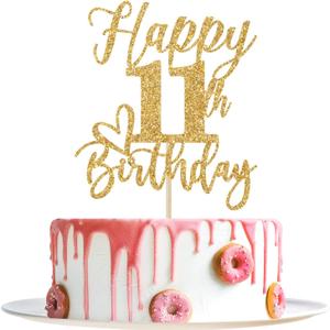 Happy 11th Birthday Cake Topper, 11th Birthday Decorations, Cheers to 11 Years, Hello 11, 11th Happy Birthday Party Supplies Gold Glitter