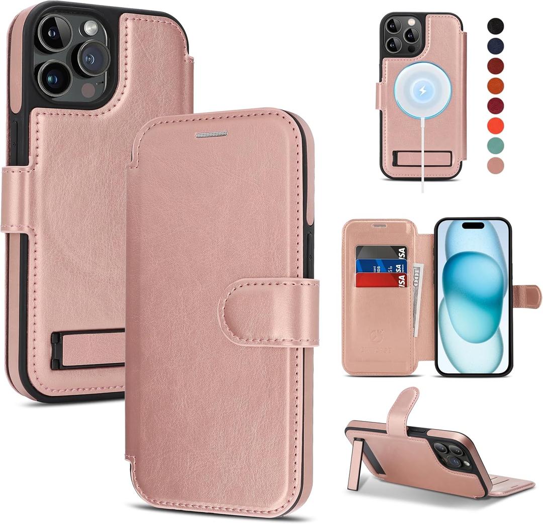 for iPhone 15 Pro Max Wallet Case with Stand,PU Leather Flip Credit Card Holder Slots (RFID Blocking),Compatible with Magsafe Magnetic Holder Phone Cover Women Men,Rose Gold