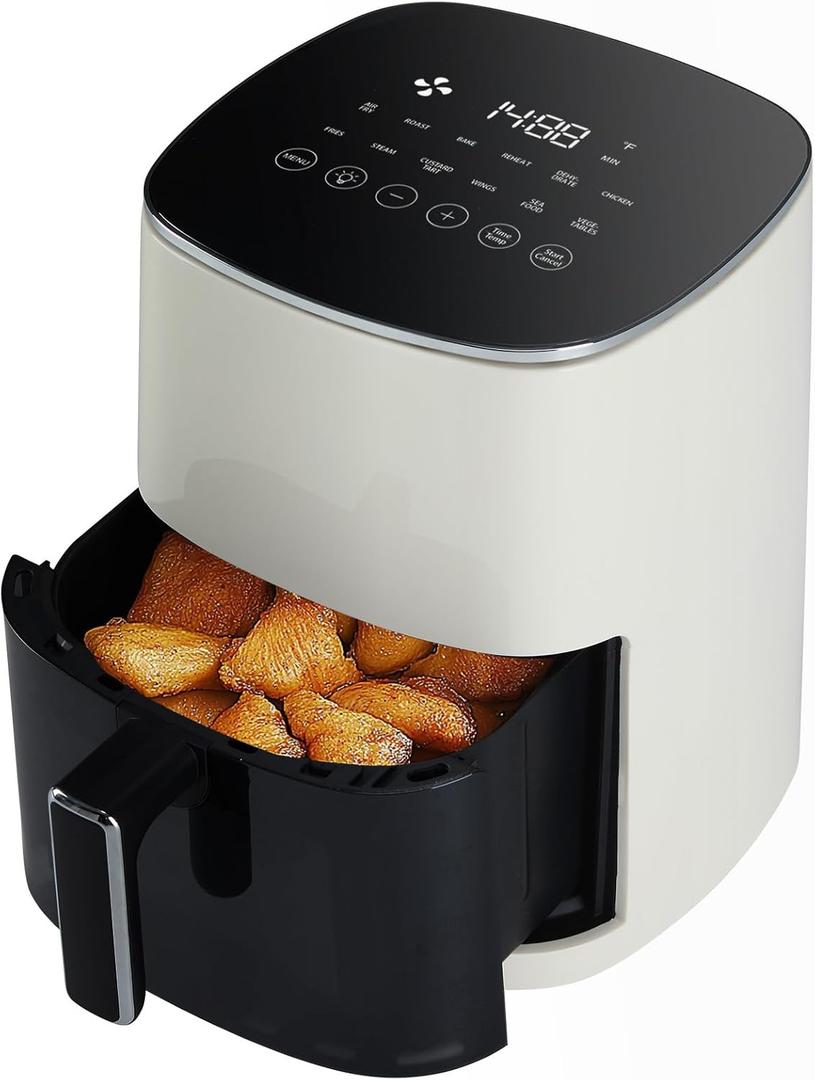 Sweetcrispy 6QT Air Fryer with Window, Square Airfryer Oven 12-in-1 for Family, 400F Rapid Air Crispy Technology, Roast Bake Dehydrate, Nonstick & Easy-Clean Basket,Off-White, 6.34 Quarts