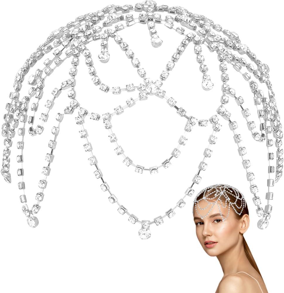 GORGECRAFT 1920s Crystal Cap Headpiece Flower Rhinestone Head Chain Silver Roaring 20s Great Gatsby Hair Accessories Hair Chain Hat for Bridal Cosplay Halloween Art Decor Party (with 2Pcs Hair Clip)
