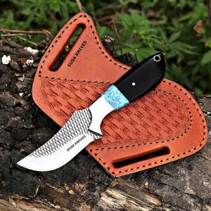 Custom Handmade 7'' fixed blade hoof rasp knife Cow boy knife Turquoise Handle Damascus steel Bull cutter, cowboy knives with pancake leather sheath (BLACK HORN)