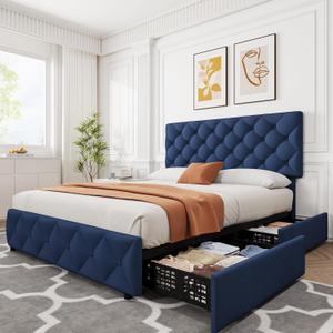 GarveeHome Full Size Bed Frame with 4 Storage Drawers, Linen Upholstered Platform Bed Frame with Adjustable Headboard, Diamond Stitched Button Tufted, No Box Spring Needed, Blue