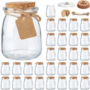 Mini Yogurt Jars 30 Pack, 7 oz Glass Favor Jars with Cork Lids, Pudding Containers with Lids, Mason Jar Wedding Favors Honey Pot with Label Tags and String