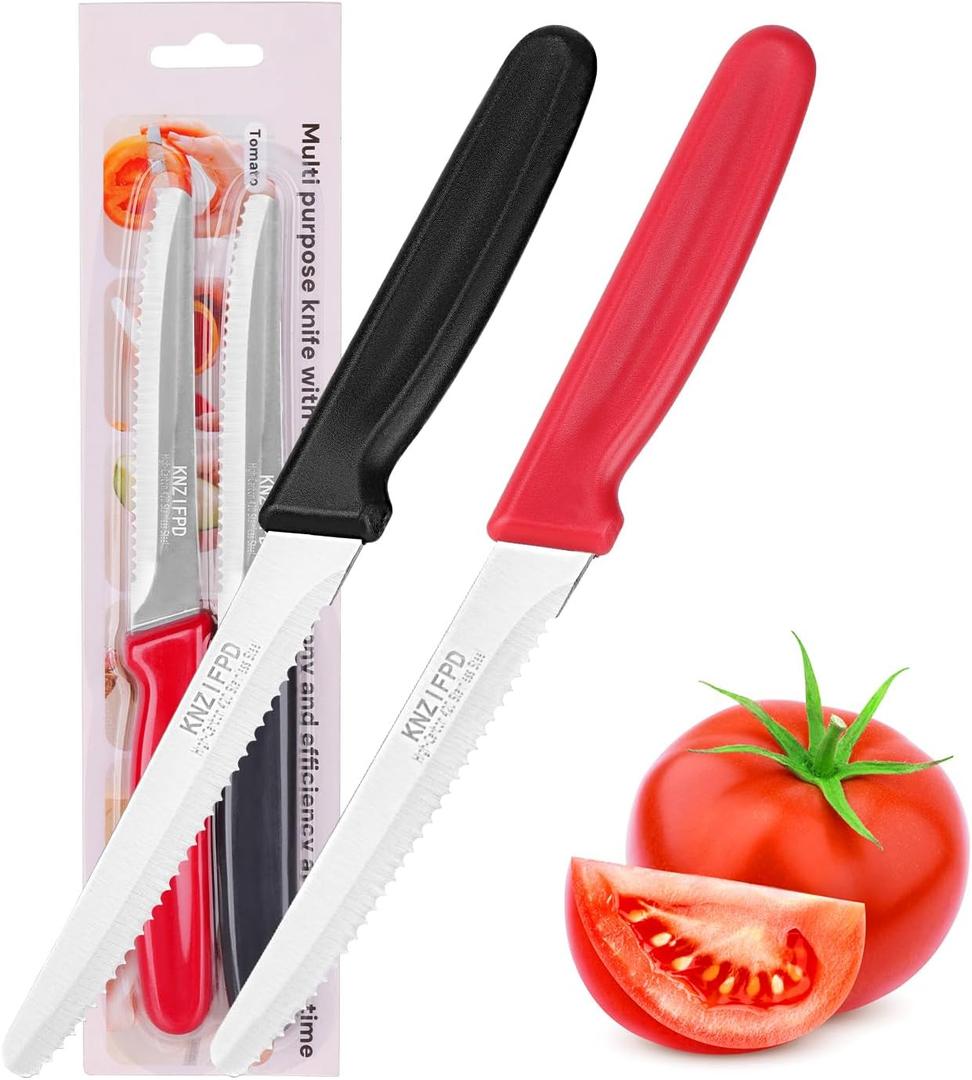 2-Pack Tomato Knife, Sharp Serrated Steak and Bread Knife Set, Premium High-Carbon 420 Stainless Steel Knives Blade for Soft Fruits, Vegetables, Meat & Home Kitchen Use
