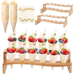 Queekay 100 Disposable Wood Cones for Food with 2 Pcs 12 Holes Charcuterie Cones Holder Stand Ice Cream Cone Display Stand 100 Fancy Toothpicks for Appetizers Catered Events Wedding Buffets Parties