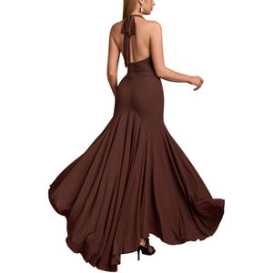 HTZMO Women Formal Sexy V Neck Halter Tie Maxi Dress Bodycon Flowy Wedding Guest Cocktail Elegant Long Dresses Brown M (Brown)