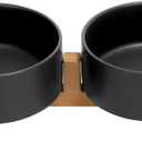 SPUNKYJUNKY Ceramic Dog and Cat Bowl Set with Wooden Stand, Modern Cute Weighted Food Water Set for Small Size Dogs (13.5OZ) & Medium Sized Dogs (28.7OZ) & Cats (1.7 Cups, 2  Black)