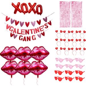 Galentines Day Party Decorations, Galentines Gang Banner, 6 Kiss Lip Balloons, 12 Heart Shaped Glasses (6 Red - 6 Pink), 12 Heart Headbands, 2 Pink Curtains Backdrop & 1 XOXO Balloon