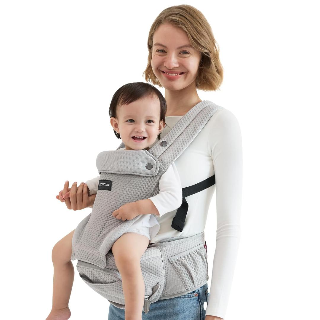 Momcozy Baby Carrier with Hip Seat, 2-in-1 Detachable Hands-Free Carrier for Long Walks, Forward-Facing Carry up to 44lbs, Breathable Infant Carrier, Fits Waists up to 45 Inches, AirMesh Grey