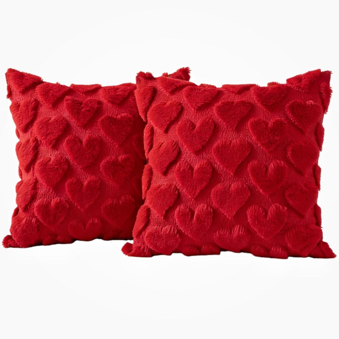 baotongle 2pcs Valentines Pillow Covers 18x18 inch Valentines Day Decoration Heart Soft Plush Faux Fur Throw Pillows Covers for Bedroom Sofa Holiday Festivals Home Decor(2, Red, 17.7x17.7inches) (0.5" x 0.5" (Pack of 2))