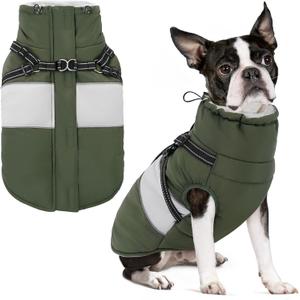 Small Dog Coat with Harness Built in, Warm Dog Jacket Winter with Zipper On Back, Waterproof Pet Snow Jacket Snowsuit Pet Sweater Clothes for Puppy, Army Green XS