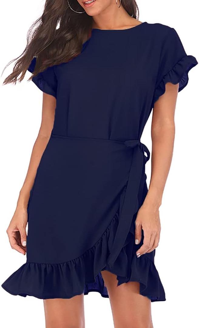 Womens Long Sleeve Round Neck Ruffles Wrap Dresses Party Dress (Blue)