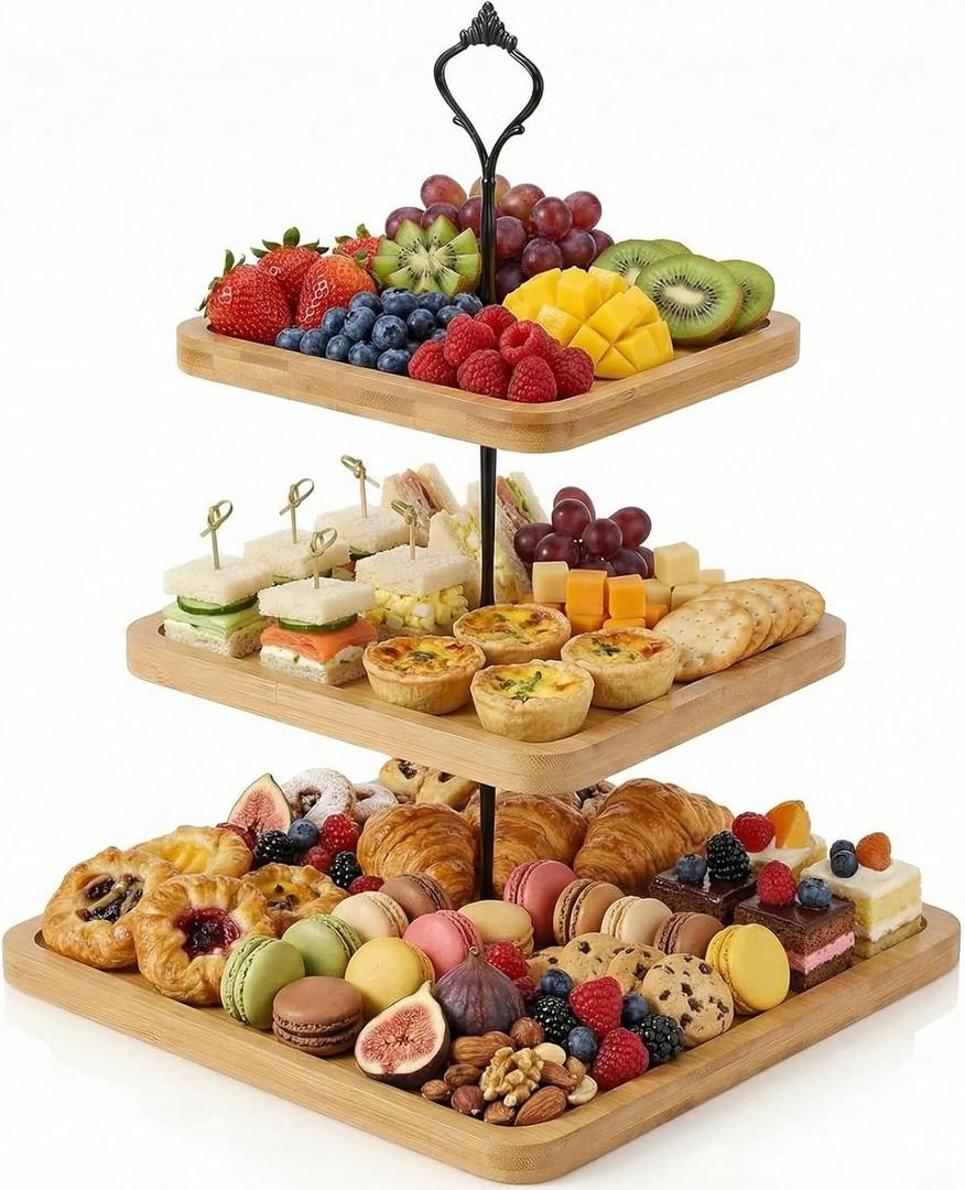 Lallisa 3 Tier Cupcake Stand Wooden Rustic Tiered Serving Tray Square Cupcake Tower Cake Stand Farmhouse Decor Dessert Table Display Set Cookie Candy Buffet Holder for Wedding Home Tea Party Birthday