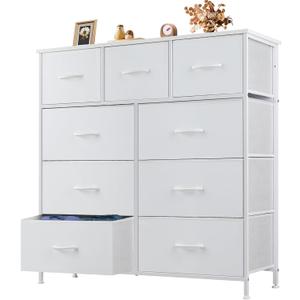 OLIXIS 9 Drawer Storage Dresser with Wood Top - Wide Fabric Chest Organizer for Bedroom, Closet, Living Room, Tower Cabinet, TV Stand, Hallway Entryway Furniture, Bright White