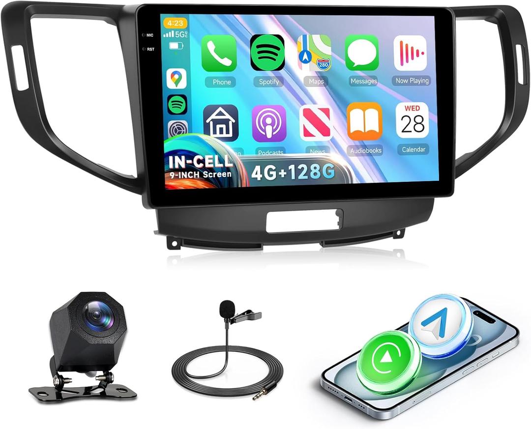 4G+128G Android Car Stereo for Acura TSX 2009-2014/ Honda Spirior 2009-2013/ Honda Accord 2008-2012 Wireless Carplay Android Auto, 9'' In-Cell Screen Radio with GPS/ BT 5.0/ FM/ EQ/ Wi-Fi Backup Camera SWC