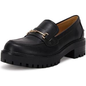 VETASTE Womens Lug Sole Platform Mid Chunky Heel Loafers Classic Round Toe Slip On Office Uniform Oxfords Shoes with Metal Chain (8, Black)