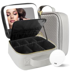 MOMIRA Travel Makeup Bag Cosmetic Bag Makeup Organizer Bag with Lighted Mirror, Adjustable Brightness in 3 Color Scenarios, Waterproof Makeup Train Case, Gift for Women - Light Gray(Woven) (Silver)