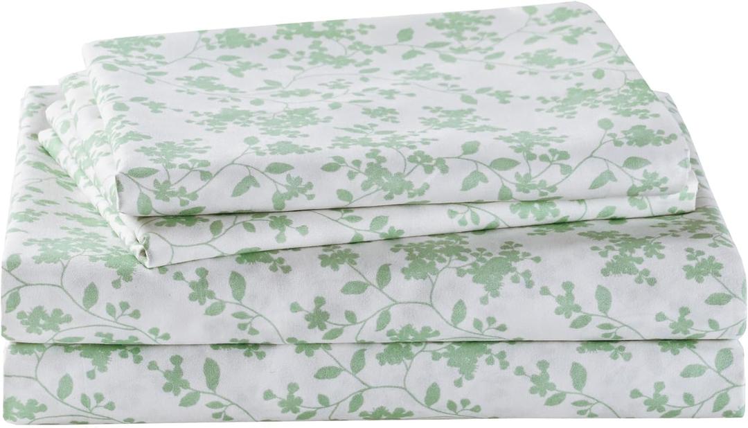 Floral Full Sheet Set Sage Green Leaves Printed Bed Sheets - 4 Piece Soft Microfiber Botanical Patterned Fitted Sheet with 15" Deep Pocket & Straps, Summer Cooling Bed Sheets and Pillowcase Set