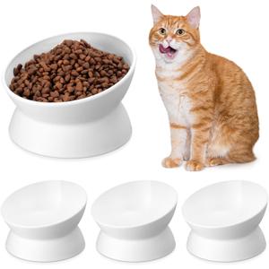 Bokon 4 Pcs Elevated Cat Food Bowls Plastic Raised Cat Bowls Tilted Pet Feeding Water Dish Protect Pets' Spines Whisker Friendly Anti Vomiting Dish for Flat Faced Indoor Kitten(White)